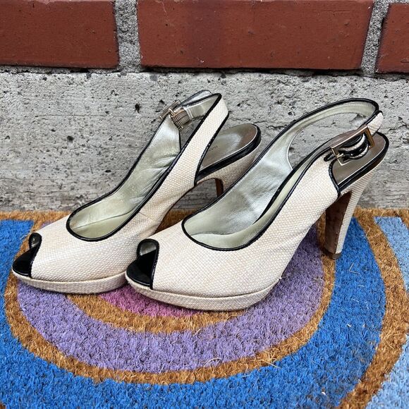 Banana Republic Heels Size 6.5 Natural Woven Jute Slingback Almond Peep Toe - Picture 3 of 6